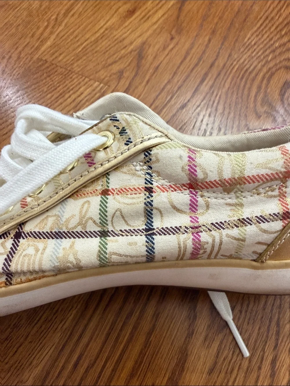 Coach Barrett multi color Plaid Logo Sneakers Gold Trim Women’s Size 7.5B